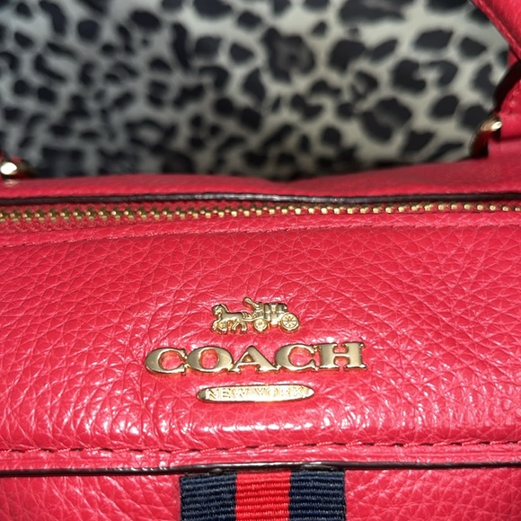 COACH Red Pebble Leather Handbag Satchel Shoulder strap Custom details Stripe - Picture 2 of 11